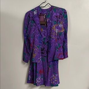 Purple Patterned Women's Jacket & Skirt Set in 100% Silk